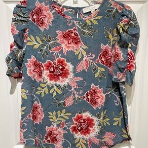 NWT LOFT Blue Floral Ruffle & Cinched Sleeve Blouse
